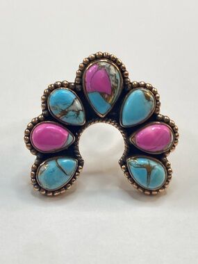 Cotton Candy Turquoise Squash Blossom Naja Southwest Style Ring In Copper